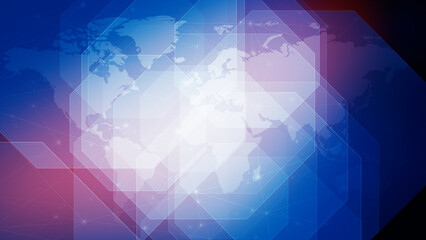 Global communication connects world through breaking news, blue octagons, and connected lines on world map, creating technology background for global news channels and headline news
