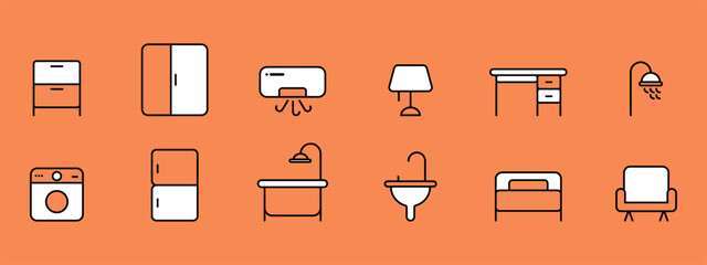 Set Furniture Icons, Line and Pixel Perfect Icons, Orange black