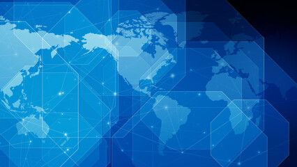 World map octagons blue background with connected lines and dots global communication and breaking news in technology and media