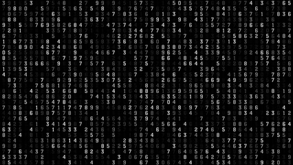 Numerical code sequence counting digits on black texture for random numbers in data science algorithm, coding for computational data analysis and communication