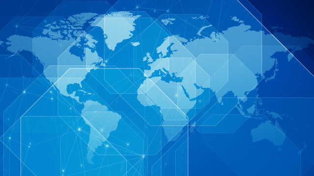 Breaking news map octagons reveal global communication with connected lines and dots on blue technology background, perfect for worldwide news and broadcast graphics