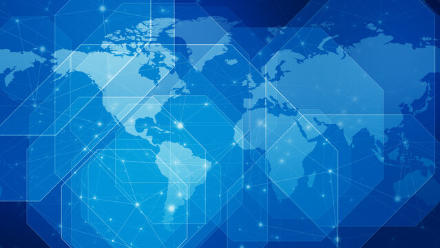 Fototapeta Blue world map octagons connected lines and dots breaking news in technology background for global communication and journalism