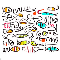 Naklejka premium Join a vibrant school of fish in this collection, where children's imaginative drawings showcase a variety of fish with playful simplicity and a colorful palette that mirrors the diversity