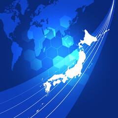 青のデジタルな世界地図から飛び出した日本地図