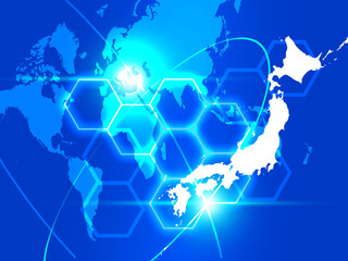青に世界地図から飛び出したデジタルな日本地図