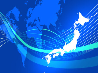 青に曲線模様の世界地図から飛び出した日本地図