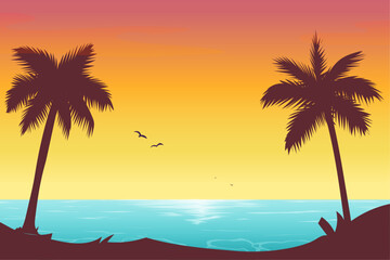 Summer landscape background with palm silhouettes.