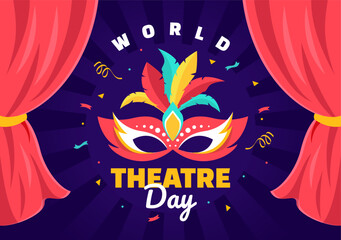 World Theatre Day Vector Illustration on March 27 with Mask and Red Curtains to Preserve Performing Arts and Entertainment in Flat Cartoon Background