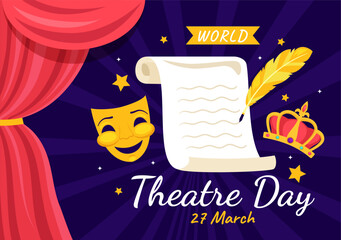 World Theatre Day Vector Illustration on March 27 with Mask and Red Curtains to Preserve Performing Arts and Entertainment in Flat Cartoon Background