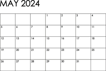 May 2024 month calendar. Simple black and white design - obrazy, fototapety, plakaty