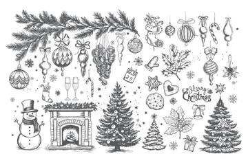 Christmas set in sketch style. Hand drawn illustration.	