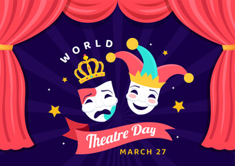 World Theatre Day Vector Illustration on March 27 with Mask and Red Curtains to Preserve Performing Arts and Entertainment in Flat Cartoon Background
