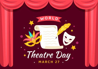 World Theatre Day Vector Illustration on March 27 with Mask and Red Curtains to Preserve Performing Arts and Entertainment in Flat Cartoon Background
