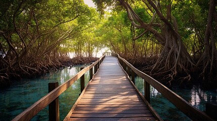Wood bridge in mangrove forest. Explore nature.