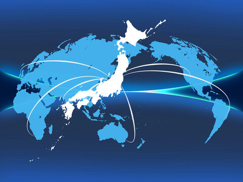 青の半円模様と世界地図を配した日本地図
