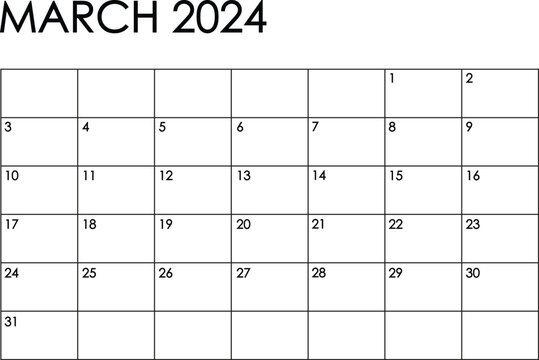 March 2024 month calendar. Simple black and white design