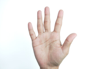 Female hand showing five fingers on a white background