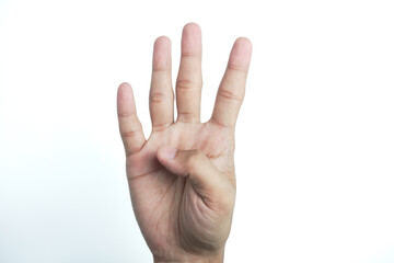 Obraz premium Hand on a white background. Hand Shows Four Fingers