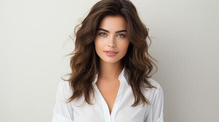 Fototapeta premium Portrait of a beautiful woman in white shirt in studio background.