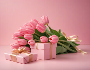 Blooms and Gifts: Pink Tulips and Gift on Pink Background for Women's Day