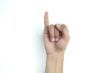 Hand of caucasian young man showing fingers over isolated white background showing little finger as pinky promise commitment, number one