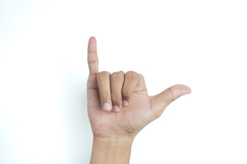 Call me hand sign or gesture on white background.