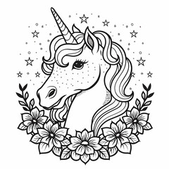Hand drawn unicorn coloring book illustration