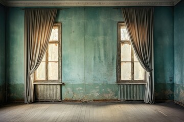 Vintage, old interior with thick curtains.