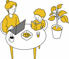 子どもを見ながら在宅ワークをする女性のイラスト（黄色）