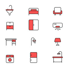 Set  Icons Furniture, Line and Pixel Perfect Icons, Red black and white background