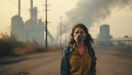 A woman wearing a protective mask stands before an industrial backdrop with smokestacks - obrazy, fototapety, plakaty
