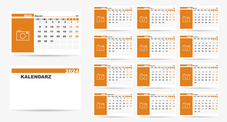 2024 calendar on polish language with polish holidays. Poland calendar. Week starts from Monday. Vector graphic. Calendar with place for photo.	