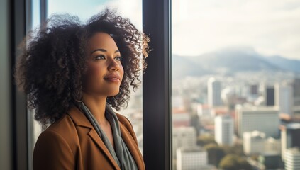 A young Black woman with long curly hair, looking out a window at an urban landscape