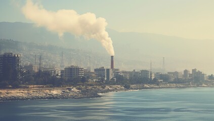 An industrial landscape with a smoking chimney against the backdrop of built-up slopes and the sea in the foreground.