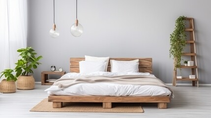 Wooden bed with soft white mattress, blanket and pillows in cozy room interior