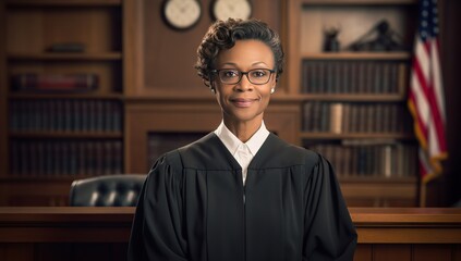 Fototapeta premium An elderly Black woman in a judicial robe stands in a courtroom with the American flag in the background.