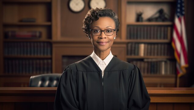 An elderly Black woman in a judicial robe stands in a courtroom with the American flag in the background.