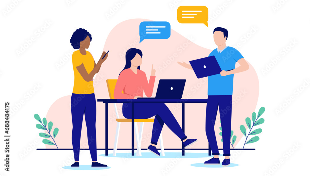 Aufkleber People working on computers - Three businesspeople in casual clothes using laptop, talking and discussing work together. Flat design vector illustration with white background