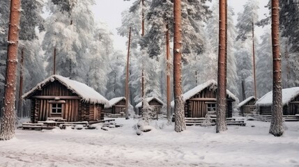 Fototapeta premium wooden huts on the background of a snowy forest in winter in cloudy weather