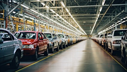 Obraz premium A car factory with rows of new cars, emphasizing industrial production and vehicles.