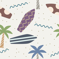 Fun and cheerful seamless pattern with surfing board and coconut tree. Perfect for background, wallpaper, wrapping paper, textile, etc
