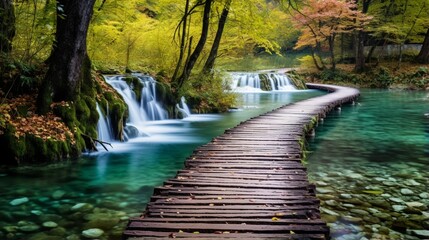 Obraz premium Wooden path and waterfall in Plitvice