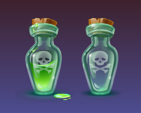 Vector cartoon style icon illustration. Glass bottle of green poison with corck and skull , empty and full.