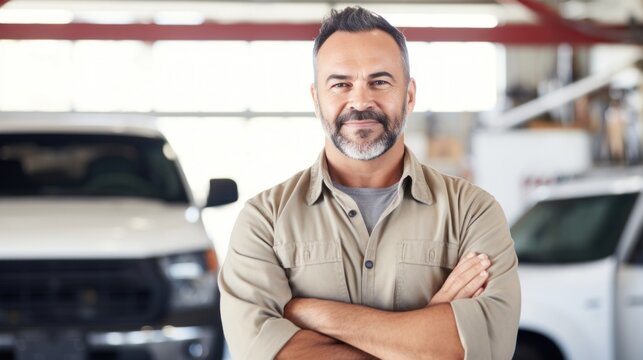 The delighted car mechanic looks straight at the camera in the garage.