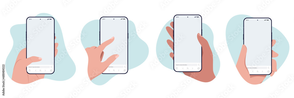 Fototapete Mobile phones and hands mockup collection - Vector illustrations of smartphones with blank screen and human hand using touchscreen. Flat design isolated in soft shape frames on white background