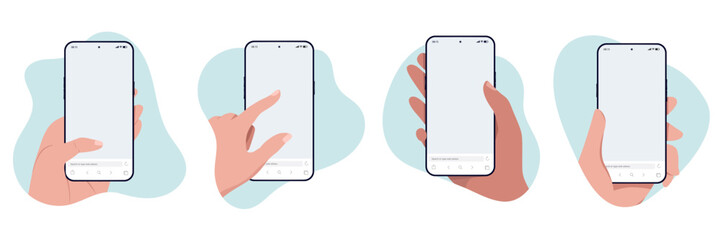 Mobile phones and hands mockup collection - Vector illustrations of smartphones with blank screen and human hand using touchscreen. Flat design isolated in soft shape frames on white background - obrazy, fototapety, plakaty