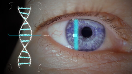 Scanning blue eye iris for secure biometrics authentication. DNA graphic