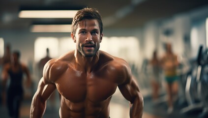 Fototapeta na wymiar Young Caucasian adult man with short hair, very muscular, in a gym, focused gaze, slight smile, other people exercising in the background.