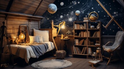 A celestial-themed reading nook with a telescope, constellation maps, and celestial decor for stargazing in comfort. 