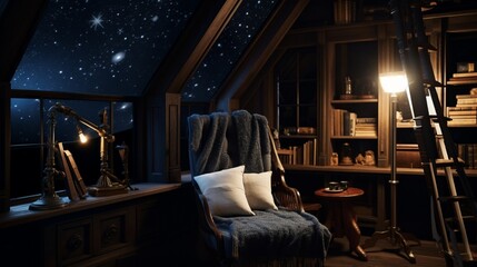 A celestial-themed reading nook with a telescope, constellation maps, and celestial decor for stargazing in comfort.